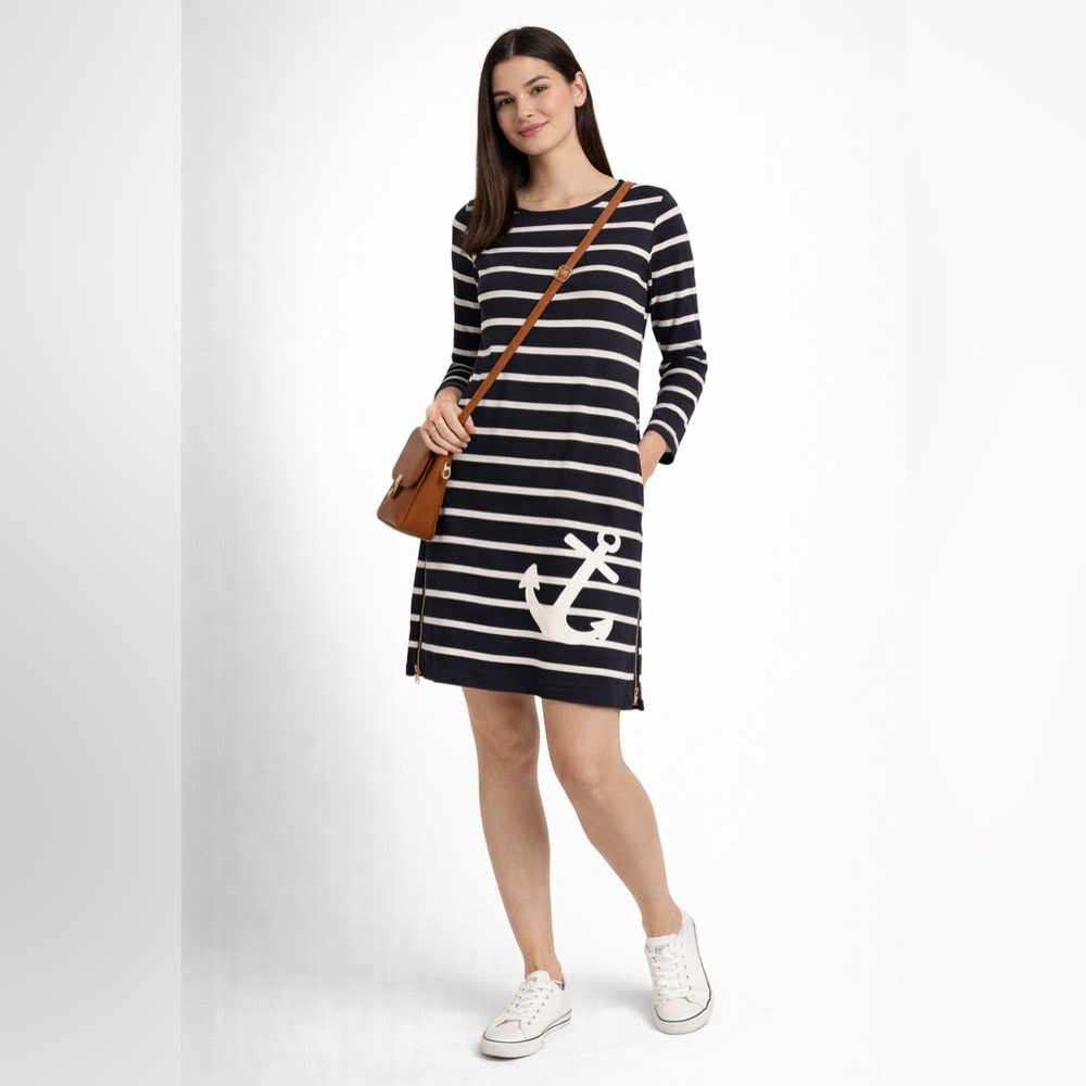 J.Crew Navy Blue Striped Knit Dress XS Anchor Detail Side Zippers Cotton